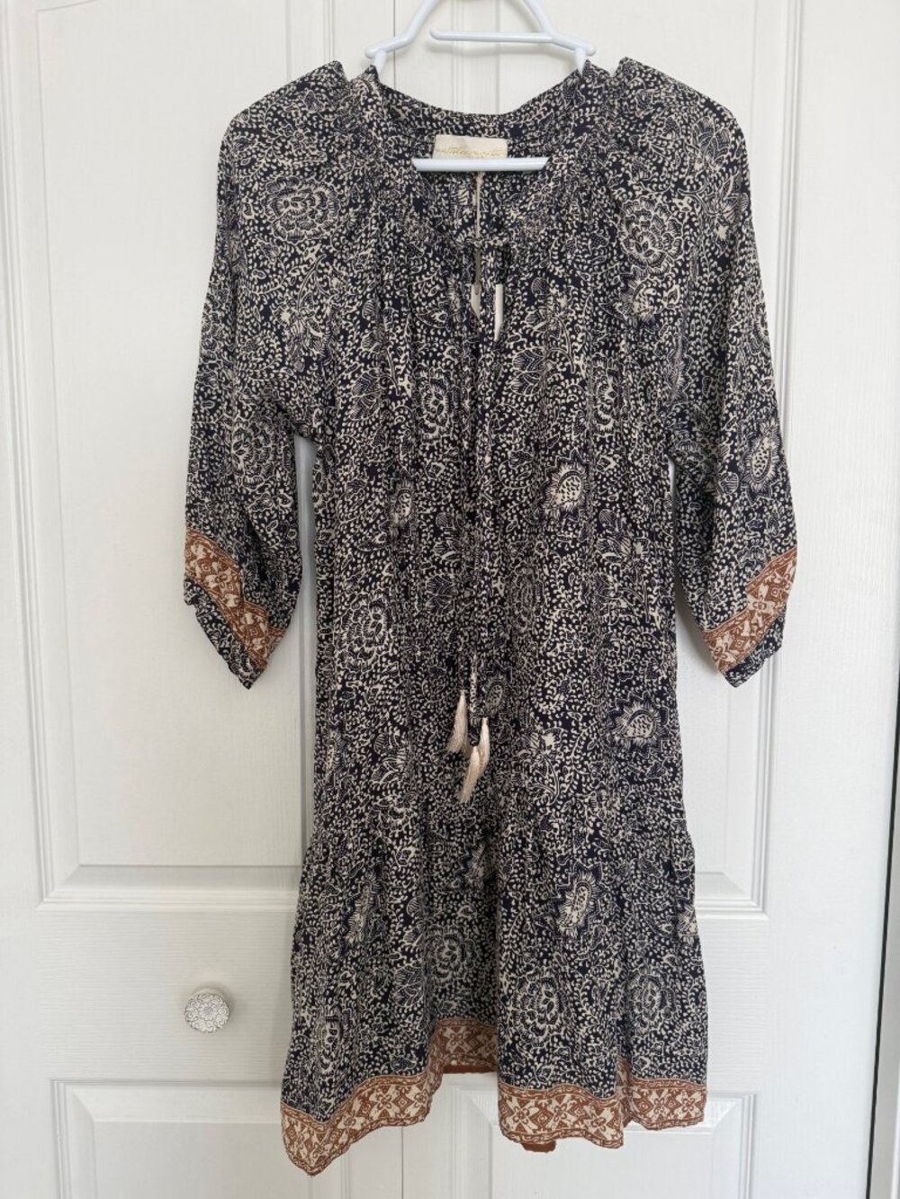 NATALIE MARTIN Stevie Dress 100% Silk Print Tiered Bottom Tassel details Size M